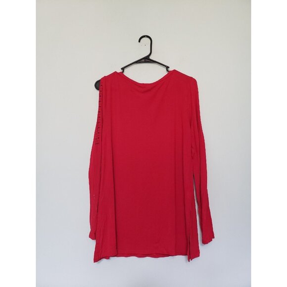 Cable & Gauge Womens M Top Long Split Sleeve Cold Shoulder Red Black Bling - Picture 2 of 6